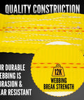 Close-up of abrasion-resistant yellow webbing from Beefy Heavy Duty Chain Ratchet Straps 2 Inch X 27 Foot 2 Pack With Chain Ends