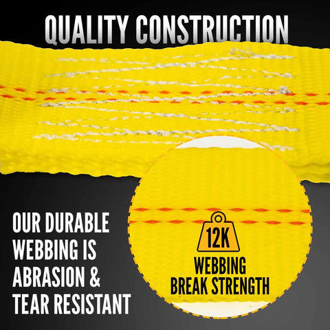 Close-up of abrasion-resistant yellow webbing from Beefy Heavy Duty Chain Ratchet Straps 2 Inch X 27 Foot 2 Pack With Chain Ends