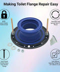 Adjustable Toilet Flange Repair Kit For Broken Or Low Bowls Features Self Adjusting Wax Free Seal And Built In Extender to show installation components.