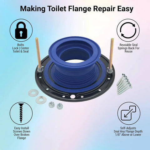 Adjustable Toilet Flange Repair Kit For Broken Or Low Bowls Features Self Adjusting Wax Free Seal And Built In Extender to show installation components.
