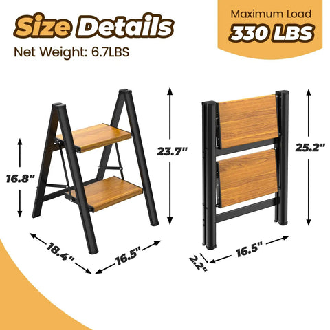 Slick Lightweight Aluminum Folding Step Ladder With Wide Pedals And Anti Slip Design 2 Step Stool For Home And Garage Compact Portable Reach Tool Safe Stable Elevated Access Easy Open And Close Durable Non Slip Feet, 23.7in open