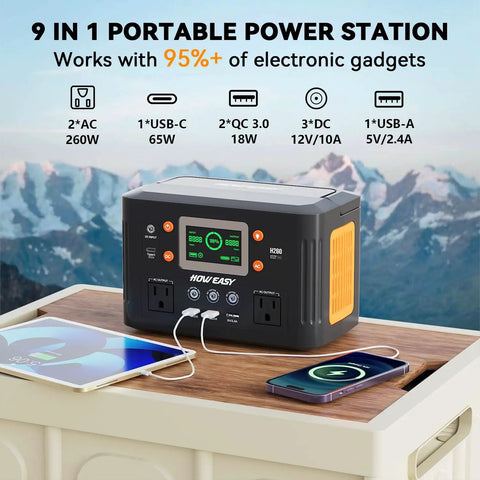 Portable Power Station Solar Generator 260W Continuous 500W Peak with 65W USB C PD Fast Charge shown with devices charging