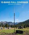 Portable 10 Band HF Antenna For Ham Radio On The Go Vertical Multiband 80m To 6m Antenna in campsite with mountains.