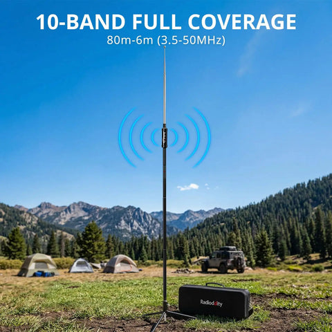 Portable 10 Band HF Antenna For Ham Radio On The Go Vertical Multiband 80m To 6m Antenna in campsite with mountains.