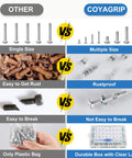 Comparative image highlighting No Sweat 1100 Piece Metric Nuts And Bolts Assortment Kit Featuring M3 M4 M5 M6, showing rustproof materials and durable case.