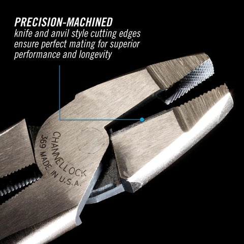 Close-up of precision-machined edges of High Leverage Linesman Pliers 9 1/2 Inch With Round Nose for precise bends and easy wire cutting.