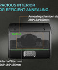 Engineering Filament Dryer Box with 110C heat and 500W PTC heater showing spacious annealing chamber dimensions