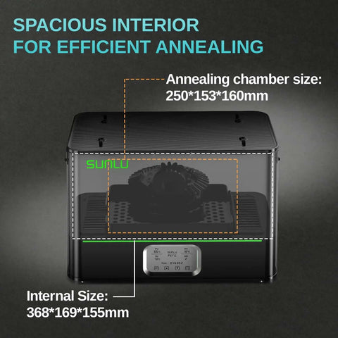 Engineering Filament Dryer Box with 110C heat and 500W PTC heater showing spacious annealing chamber dimensions