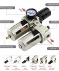 Half Inch NPT Compressed Air Filter Regulator Lubricator Two Units FRL Combo With Water And Oil Trap Separator Semi Auto Drain