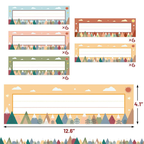 Moving Mountains Desk Nameplates Set Of 30 For Classroom And Office Decor, colorful cardboard name tags with mountain patterns.