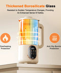 50 Oz Nut Milk Maker With 10 In 1 Functions And 20 Blades For Almond Cashew Coconut Oat Milk Plant Based Bevs Plus Chowder Juice Soy Milk Delay Start Boil Water Keep Warm And Auto Clean, showcasing thickened borosilicate glass jug on a countertop with digital display and handle.