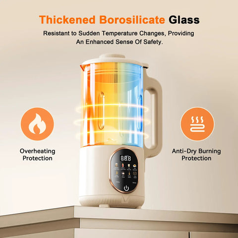 50 Oz Nut Milk Maker With 10 In 1 Functions And 20 Blades For Almond Cashew Coconut Oat Milk Plant Based Bevs Plus Chowder Juice Soy Milk Delay Start Boil Water Keep Warm And Auto Clean, showcasing thickened borosilicate glass jug on a countertop with digital display and handle.