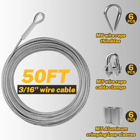 3/16 Inch Wire Rope Kit, 50 Ft 304 Stainless Steel Cable With 7x19 Strand Core, Thimbles, Clips And Sleeves, DIY Friendly