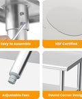Close-up showing Stainless Steel Prep And Work Table 24 By 48 Inches, Heavy Duty Commercial Kitchen Workstation's features like adjustable feet.