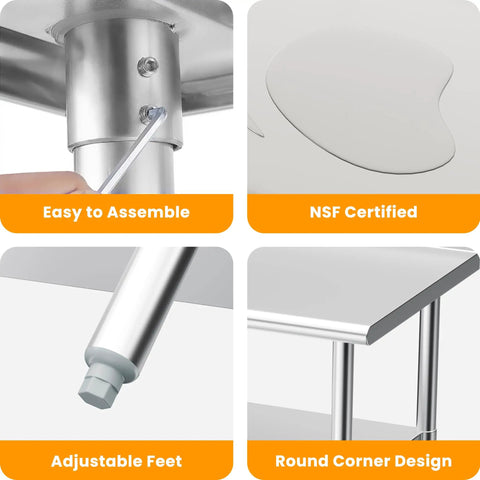 Close-up showing Stainless Steel Prep And Work Table 24 By 48 Inches, Heavy Duty Commercial Kitchen Workstation's features like adjustable feet.