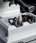 Hassle Free Automatic Portafilter Cleaning Machine With Knock Box showing removable drawer and brush holder, designed for 58mm espresso groups.