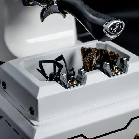 Hassle Free Automatic Portafilter Cleaning Machine With Knock Box showing removable drawer and brush holder, designed for 58mm espresso groups.