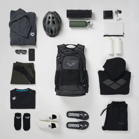 All Set Multisport Swim Backpack for Gym and Training 45L Large Capacity Rucksack with sports gear layout on white background.
