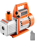 Rock Solid 3.5 CFM Vacuum Pump Single Stage Rotary Vane Hvac Tool With Oil Catch Bottle Smooth Operating 1/4 Hp Air Extractor for R134a R22 R410a Systems showing motor and oil bottle.