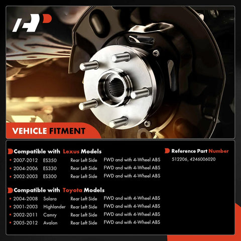 Rear Left Wheel Bearing And Hub Assembly With ABS For Toyota Camry 2002 To 2011 Highlander 2001 To 2003 Avalon Solara And Lexus ES300 ES330 ES350 5 Lug Direct Fit And Ready To Install For Easy Replacement With Four Wheel ABS Compatibility.