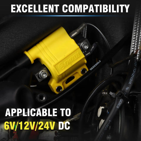 Universal High Performance Ignition Coil for 2 Stroke and 4 Stroke Engines installed on a vehicle, applicable for 6V/12V/24V DC.