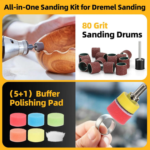 Sanding kit showing Dremel in use with wooden bowl, 80 grit sanding drums, and colorful buffer polishing pads.