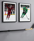 2 Pack Hockey Stick Wall Mount Rack Duo, horizontal display with attached hockey stick, clear finish, beneath framed artwork