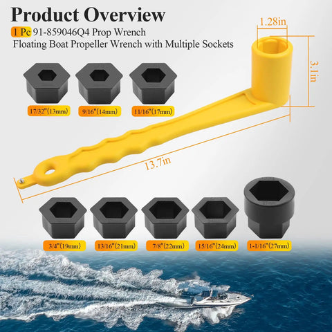 Universal Prop Wrench Kit With Floating Propeller Wrench And Nine Socket Sizes, Fits Common Prop Nuts, Yellow Tool