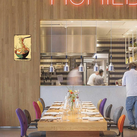 Funny Vintage Ramen Bowl Metal Sign With Chopsticks Splash 8x12 Inch Tin Wall Art in a modern restaurant setting