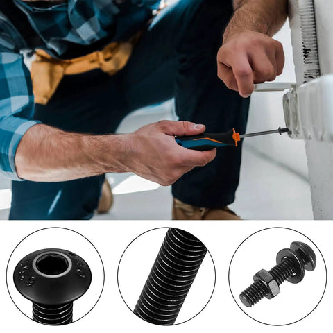 Person using a screwdriver on a wall with 1630 Piece Black Zinc Phillips Pan Head Machine Screw Workhorse Assortment Kit.