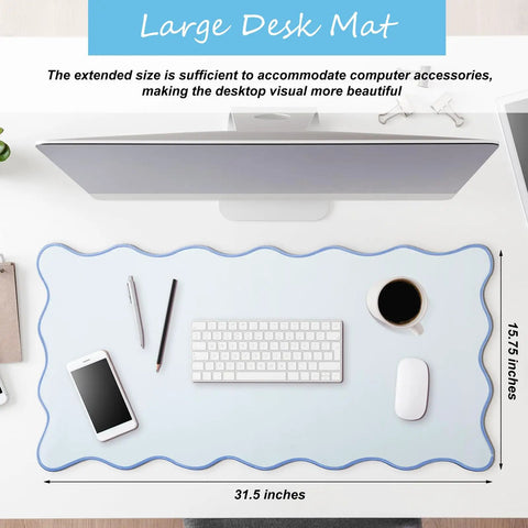 Scalloped Desk Pad With Edge Stitching Large Nonslip Waterproof Table Mat Blue 31.5 x 15.8 Inches on desk setup