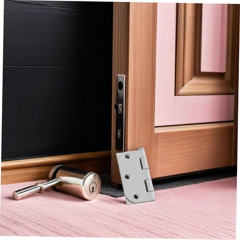 Heavy Duty Stainless Steel Door Hinges For Wood Interior Doors Featuring Built Tough Design And Zero Hassle Mounting displayed with a door lock.