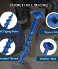 680 Piece Pocket Hole Screw Set With Five Sizes Blue Ceramic Coated and Zinc Coated; screw features including square drive.