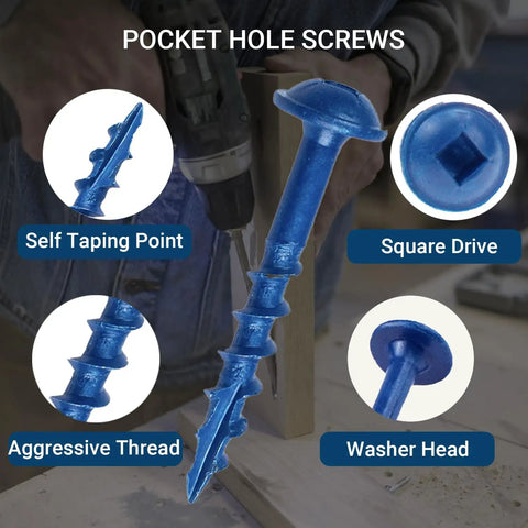 680 Piece Pocket Hole Screw Set With Five Sizes Blue Ceramic Coated and Zinc Coated; screw features including square drive.
