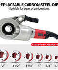 No Sweat Portable Electric Pipe Threader With Brawny 2000 Watt Copper Motor showing replaceable carbon steel dies for various pipe sizes.