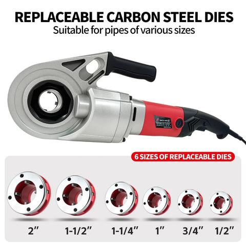 No Sweat Portable Electric Pipe Threader With Brawny 2000 Watt Copper Motor showing replaceable carbon steel dies for various pipe sizes.