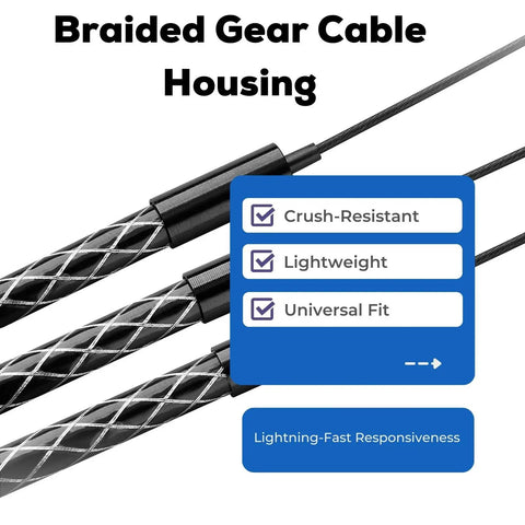 Braided gear cable housing for Pro Shifter Cable Housing Kit For Shimano SRAM MicroShift With Braided Housing And Teflon Coated Stainless Inner Cables For Road And Mountain Bicycles Built Tough For Smooth Shifts On Any Trail; crush-resistant, lightweight, universal fit qualities displayed.