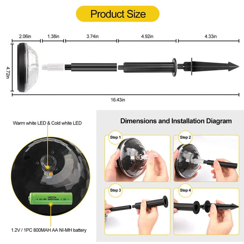 8 Pack Solar Pathway Lights Outdoor Color Changing And Warm White IP67 Waterproof, size and installation guide shown.