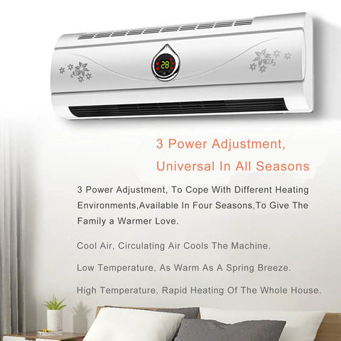 Wall Mounted PTC Ceramic Space Heater With Remote Control Timer Fast Heating For Winter Bathrooms Clothes Drying Rack Solid Build in white with digital display.