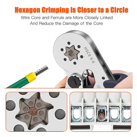 Grab This Awesome ELUKHT Ferrule Crimping Tool Kit With 1200 Insulated Wire Terminals, Perfect For Quick Electrical Repairs Or DIY Projects Thanks To Its Durable Ratchet Design And Wide Range Compatibility. Hexagon ferrule crimping tool close-up, HSC8 6-6, for insulated wire terminals
