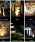 Outdoor LED Spotlight 12V ACDC Wired Adjustable Color Temperature 3000K 4000K 5000K Waterproof Landscape Uplight showcasing trees and building walls.