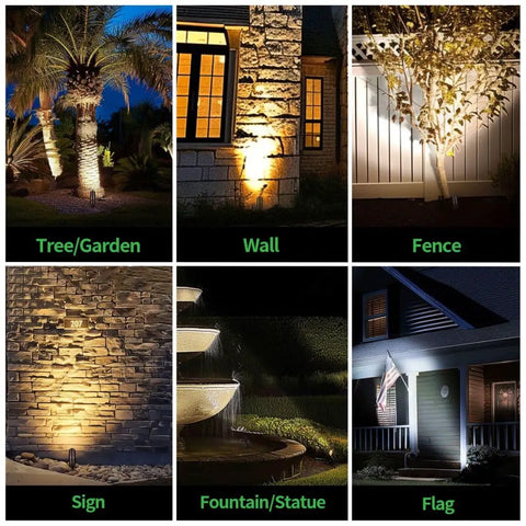Outdoor LED Spotlight 12V ACDC Wired Adjustable Color Temperature 3000K 4000K 5000K Waterproof Landscape Uplight showcasing trees and building walls.