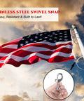 Heavy Duty Marine Grade 316 Stainless Steel Bolt Snap Hooks Smooth Swivel Base Tough As Nails For Diving Boating And Fishing Corrosion Proof 2 Pack 3 Inch Connectors attached to flagpole with American flag.