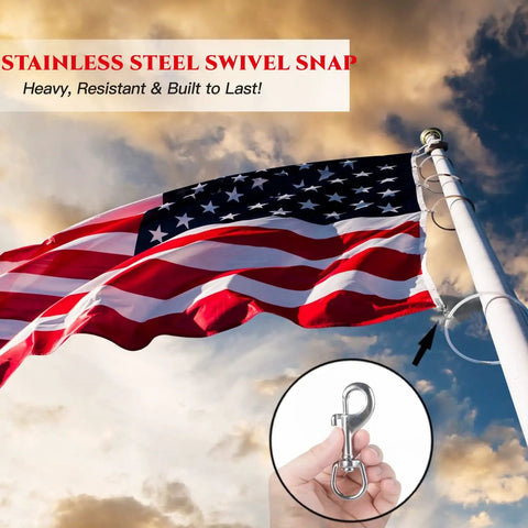 Heavy Duty Marine Grade 316 Stainless Steel Bolt Snap Hooks Smooth Swivel Base Tough As Nails For Diving Boating And Fishing Corrosion Proof 2 Pack 3 Inch Connectors attached to flagpole with American flag.