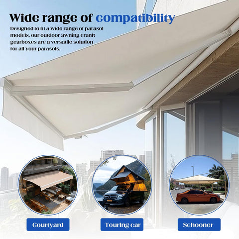 Heavy Duty Outdoor Awning Worm Gear Universal Aluminum Crank Handle Kit For Retractable Awnings 360 Degree Operation in use on balcony