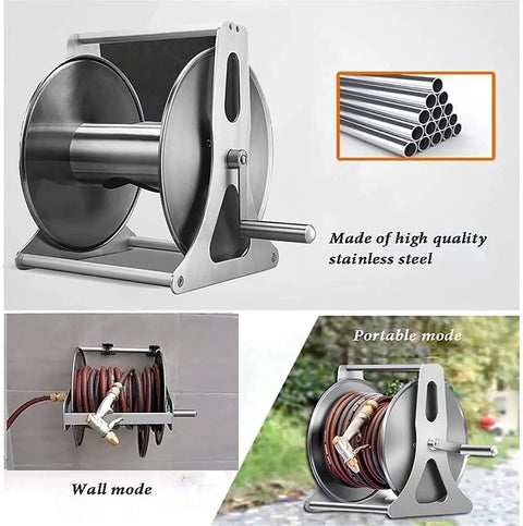 Top Notch Stainless Steel Hose Reel With Wall Mount Heavy Duty 40M Water Coil Rack And High Pressure Spray Gun For Garage Backyard Grind And Weekend Projects Built To Last in wall and portable modes.