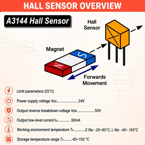 A3144 Hall Effect Sensor with magnetic switch diagram, showing function and electrical parameters for DIY projects.