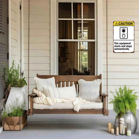 Heads Up Caution Sign For Equipment That Starts And Stops Automatically Aluminum 8x12 Inch on wall near porch swing