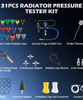 Grease Monkey Approved 31-Piece Coolant Pressure Tester Kit With 23 Radiator Adapters Vacuum Purge Refill Wand showing various tools and adapters.