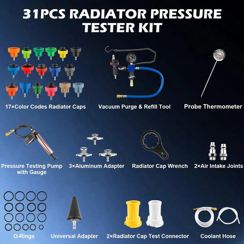 Grease Monkey Approved 31-Piece Coolant Pressure Tester Kit With 23 Radiator Adapters Vacuum Purge Refill Wand showing various tools and adapters.